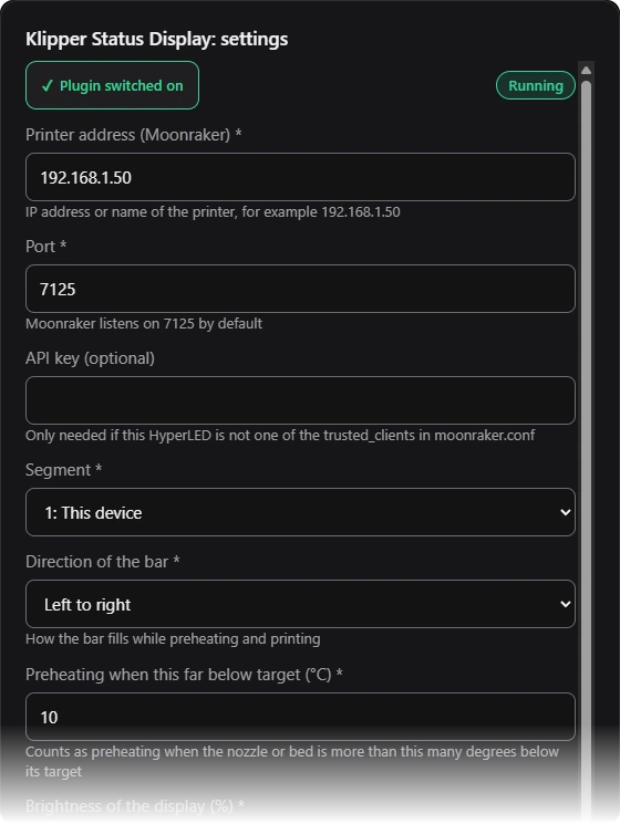 Settings with printer address, port, segment, direction of the bar and colors.