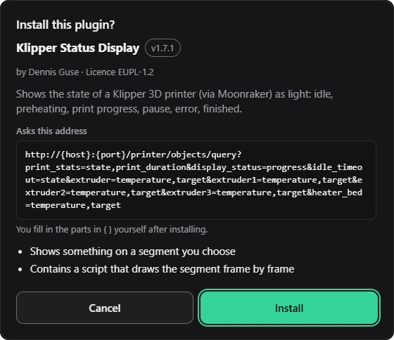 “Install this plugin” window with name, version and a list of what the plugin intends to do.
