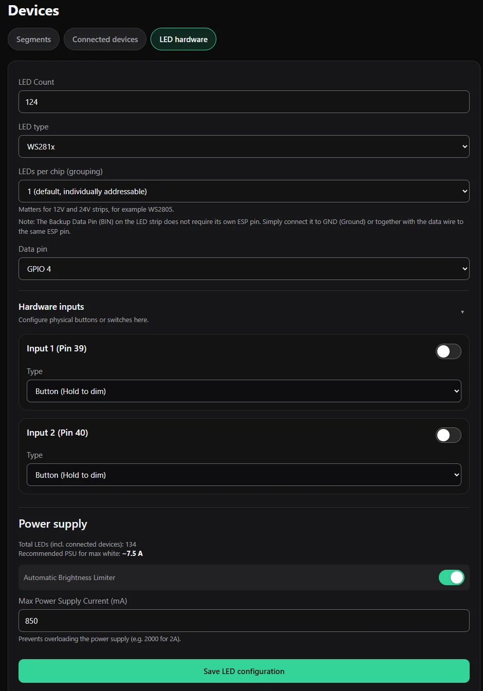 LED hardware settings
