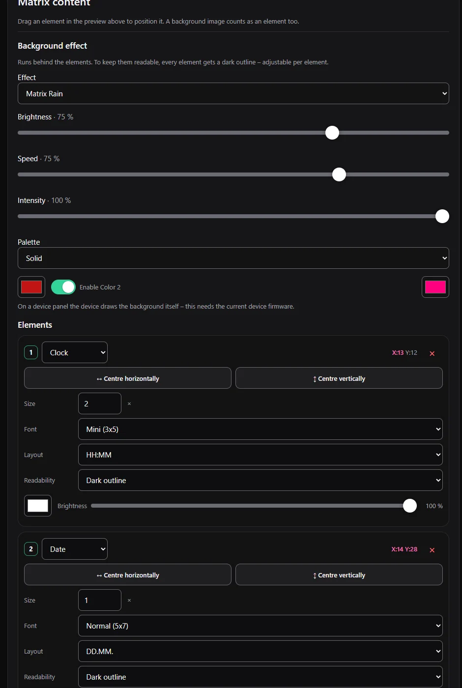Settings of the elements