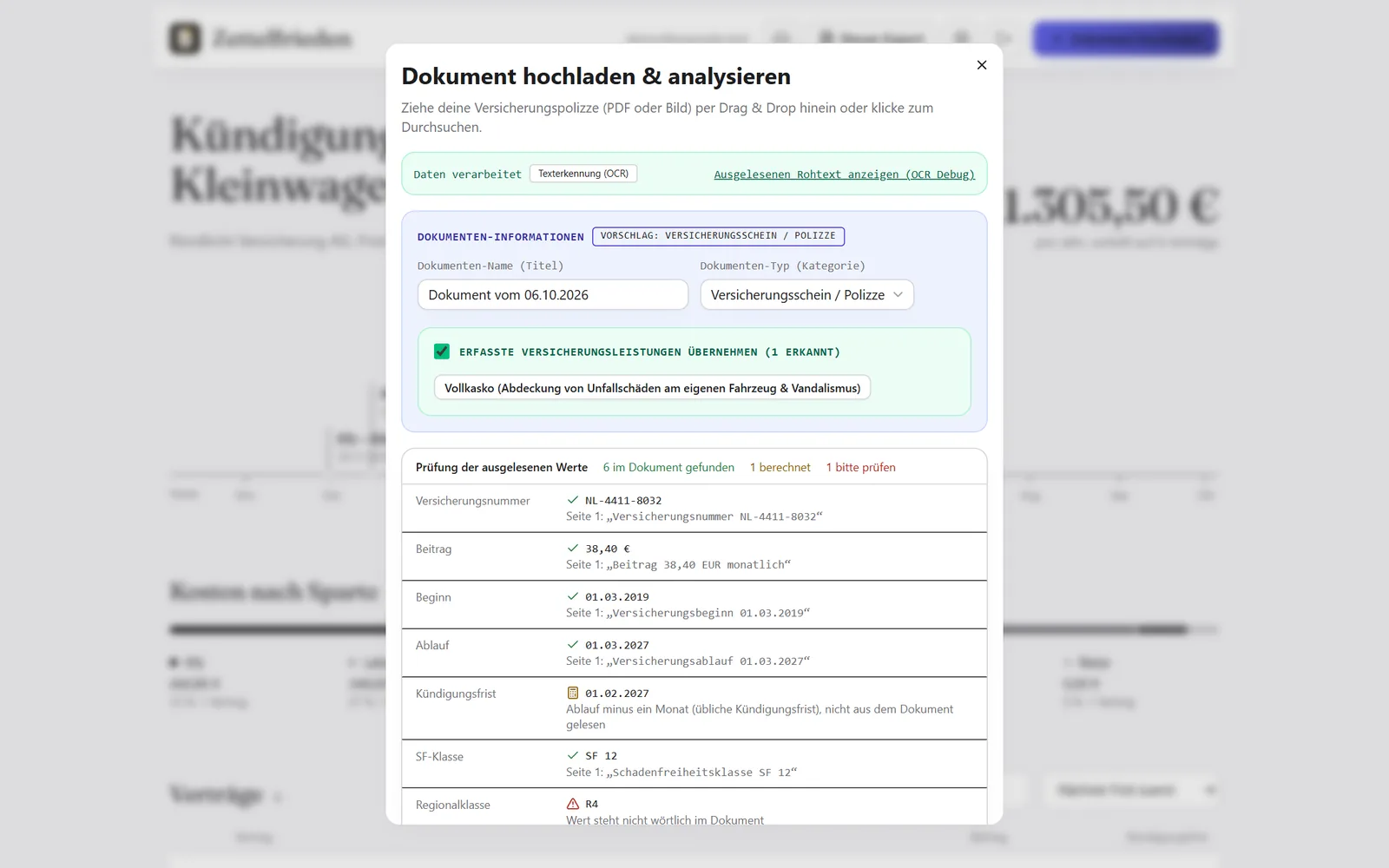 Fenster zum Hochladen eines Dokuments mit einer Liste der gelesenen Werte. Zu jedem Wert steht, ob er gefunden, berechnet oder unsicher ist.