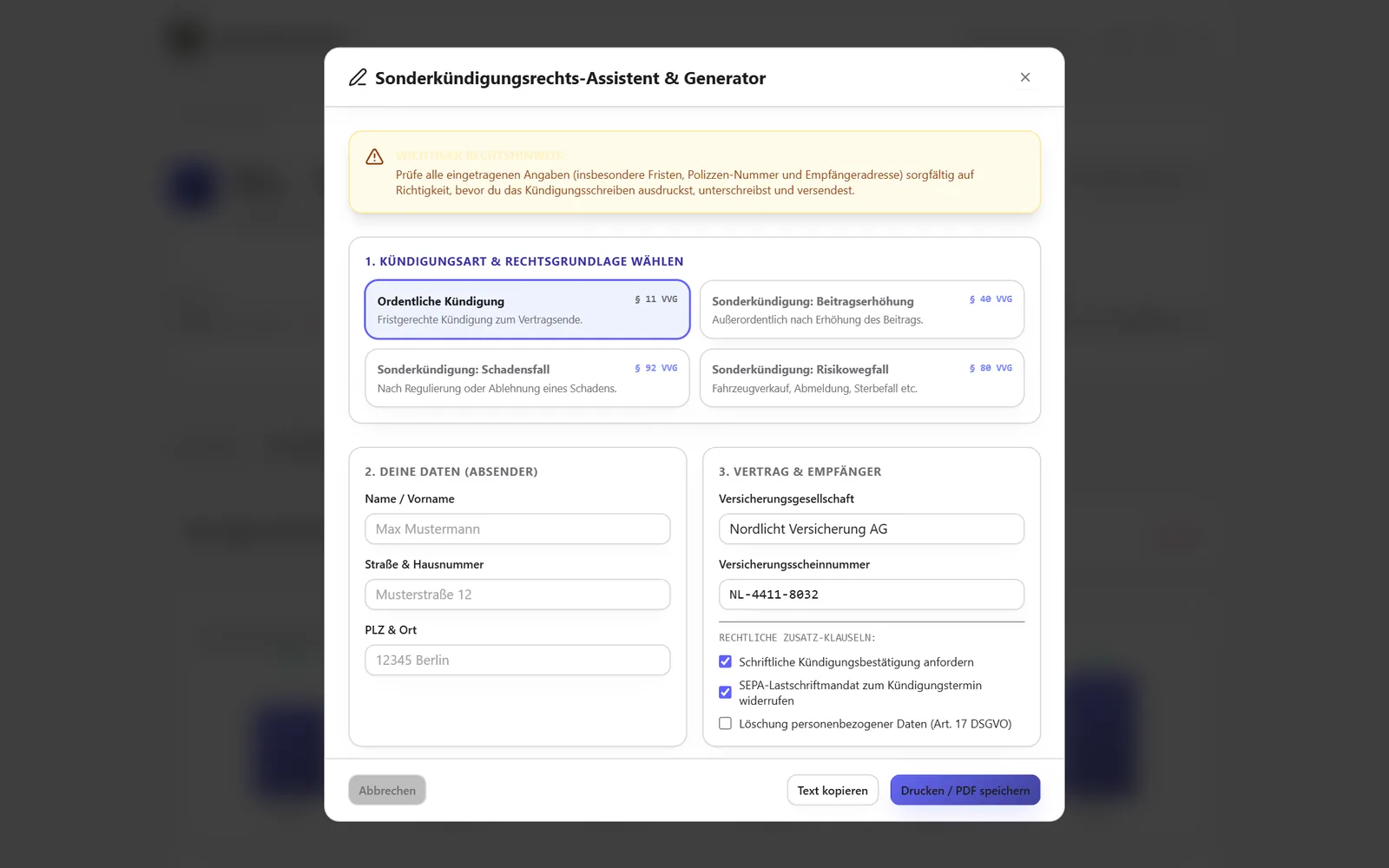 Fenster zum Erstellen eines Kündigungsschreibens mit vier Kündigungsgründen und Feldern für Absender, Versicherung und Vertragsnummer.
